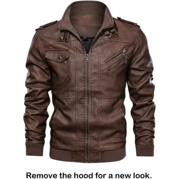 Stand Collar PU Faux Leather Zip-Up Bomber Jacket With a Removable Hood For Men